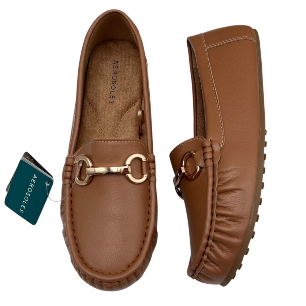 Aerosoles Women's Vegan Leather Loafers Size 8 Wide Cognac Tan Cushioned Shoes
